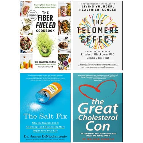 The Fiber Fueled Cookbook, The Telomere Effect, The Salt Fix, The Great Cholesterol Con 4 Books Collection Set