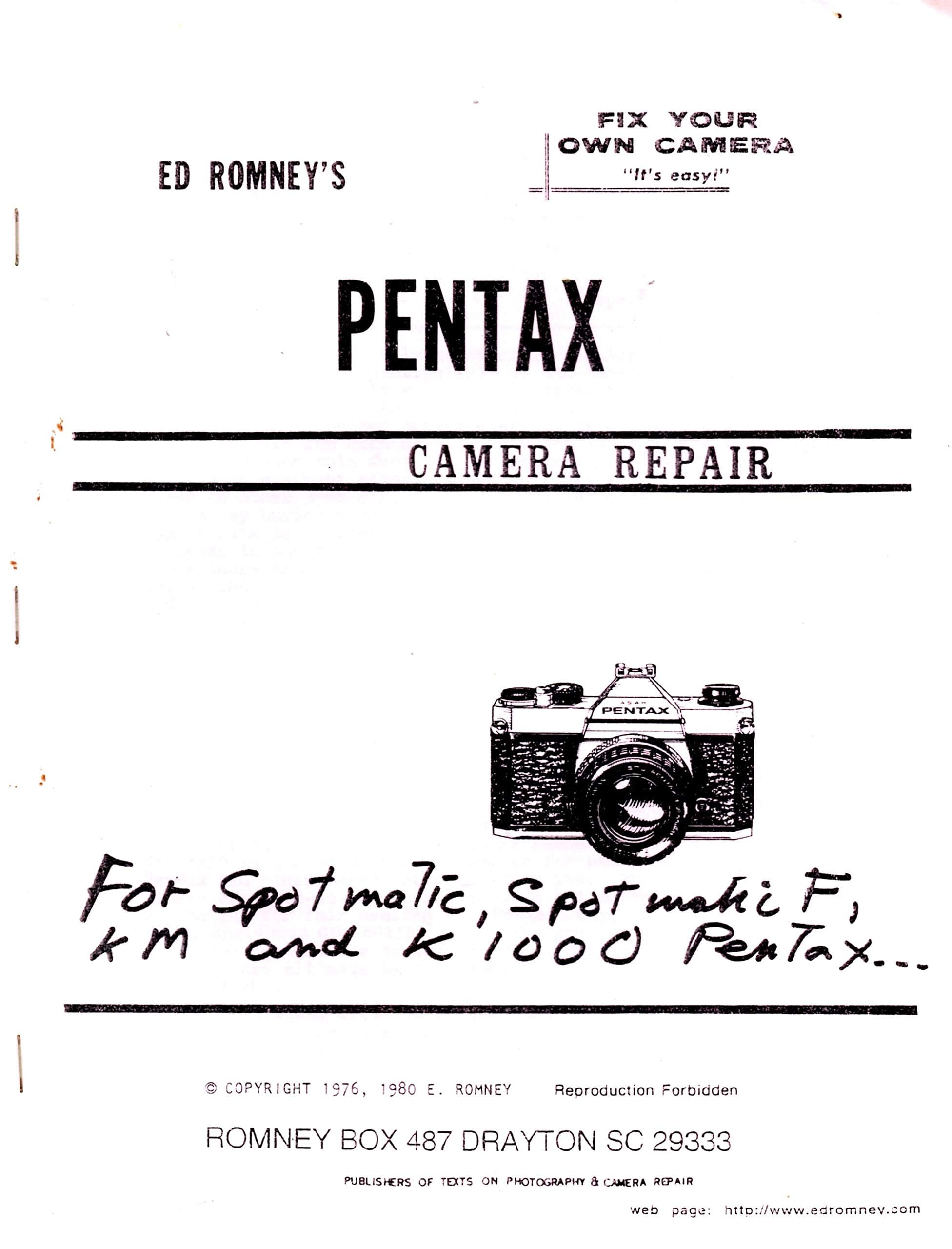 Ed Romney's Pentax Camera Repair for Spotmatic, Spotmatic F, Km and K1000 Pentax