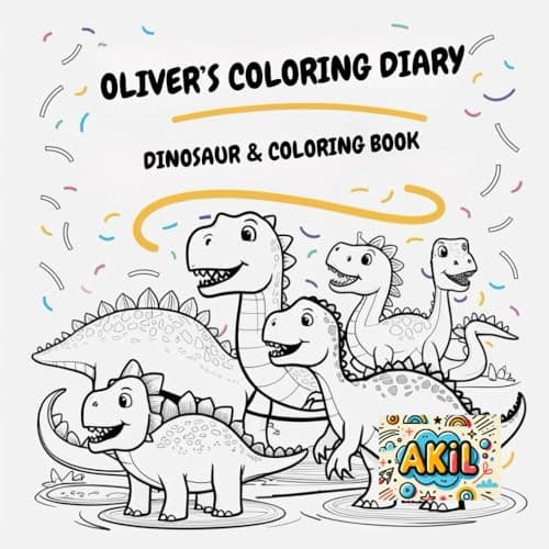 Oliver's Coloring Diary: Dinosaur Coloring Book for Children, Black and White Cartoon-Style Coloring Content, Presented on ''8.5x8.5'' inch Pages