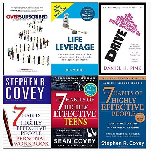 Oversubscribed, drive, life leverage, 7 habits of highly effective people and teens and personal workbook 6 books collection set