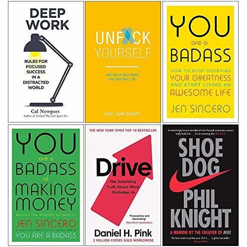 Deep Work, Unfck Yourself, You Are a Badass, You Are a Badass at Making Money, Drive, Shoe Dog 6 Books Collection Set